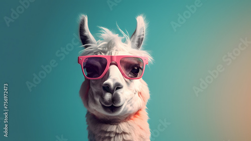 Artistic animal concept. with a place for text. llama wearing sunglass shade glasses