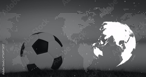 Image of football ball over world map and globe