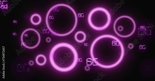 Image of network of 6g text over pink neon icons