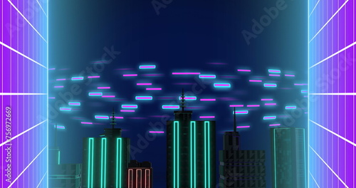 Image of light trails moving over cityscape