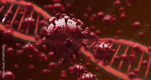 Image of 3D coronavirus Covid 19 cells spreading with rotating DNA strand