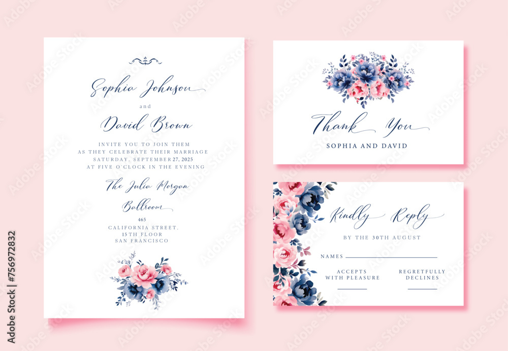Watercolor Wedding invitation blue antique flowers, thank you and rsvp cards, vector template.