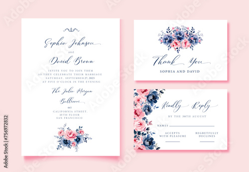 Watercolor Wedding invitation blue antique flowers  thank you and rsvp cards  vector template.