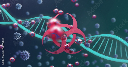 Image of 3D coronavirus Covid 19 cells spreading with rotating DNA strand and a biohazard symbol