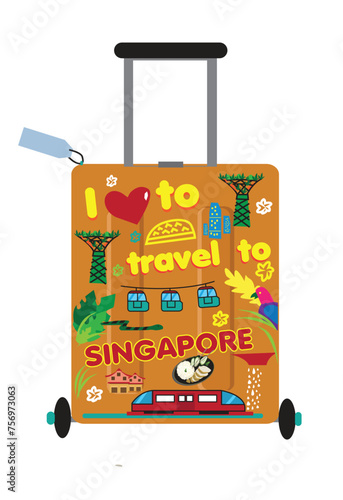 I love to travel to Singapore concept baggage with singaporean tourism themes for stickers . Editable Clip Art.