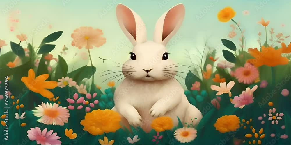 card greeting holiday flowers colorful with meadow spring rabbit or bunny Easter card greeting holiday flowers colorful with meadow spring rabbit or bunny Easter