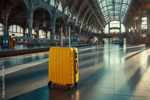 yellow suitcase forgotten on the platform of a large train station at sunset or sunrise