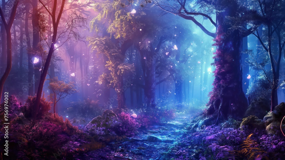 Shiny glowing magical fabulous forest with fireflies. Generative AI Shiny glowing magical fabulous forest with fireflies. Generative AI
