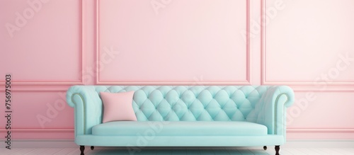 A piece of furniture  a blue studio couch  is placed in front of a magenta rectangular wall. The flooring is made of aqua hardwood  creating a vibrant and stylish event space