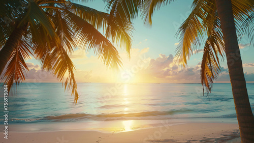 Tropical palm trees framing a sunset beach scene, evoking a sense of paradise and relaxation