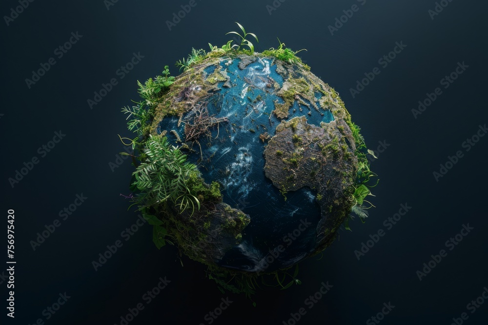 render of earth with moss and plants on dark background render of earth with moss and plants on dark background
