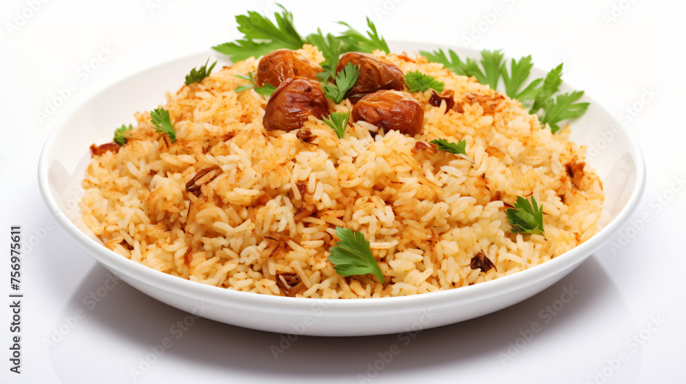 Cooked pilaf on a white dish on a white background.