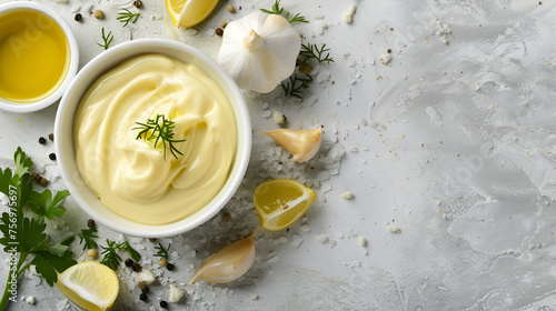 Basic French Sauce Bearnaise in a White Bowl with Fresh Herbs Garnish, Traditional Culinary Ingredient for Gourmet Cooking, Generative AI

 photo