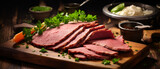 Corned beef cooked and sliced on a cutting board.