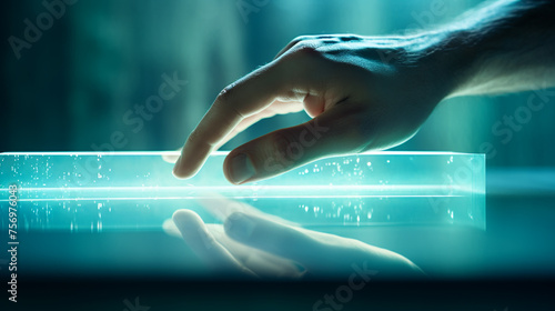 Human Hand with Interactive Gesture Touching Futuristic Glass Device, Sparks of Light on Dark Background
