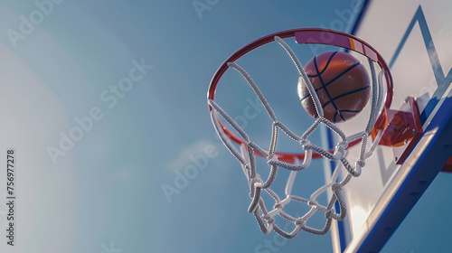Basketball Basket with Ball Going Through Net, Sports Concept for Victory and Achievement, Dynamic Action Shot for Athletic Advertising, Generative AI

