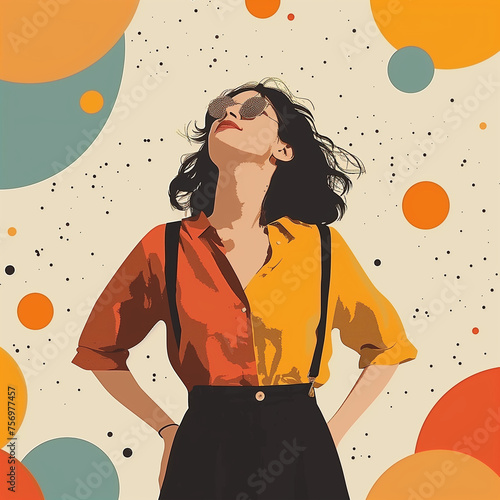 Illustration of self confident woman, in retro style collage.Warm muted tones
