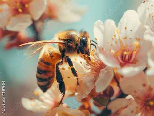Bee pollinating vibrant flower, close-up with natural sunlight enhancing the details