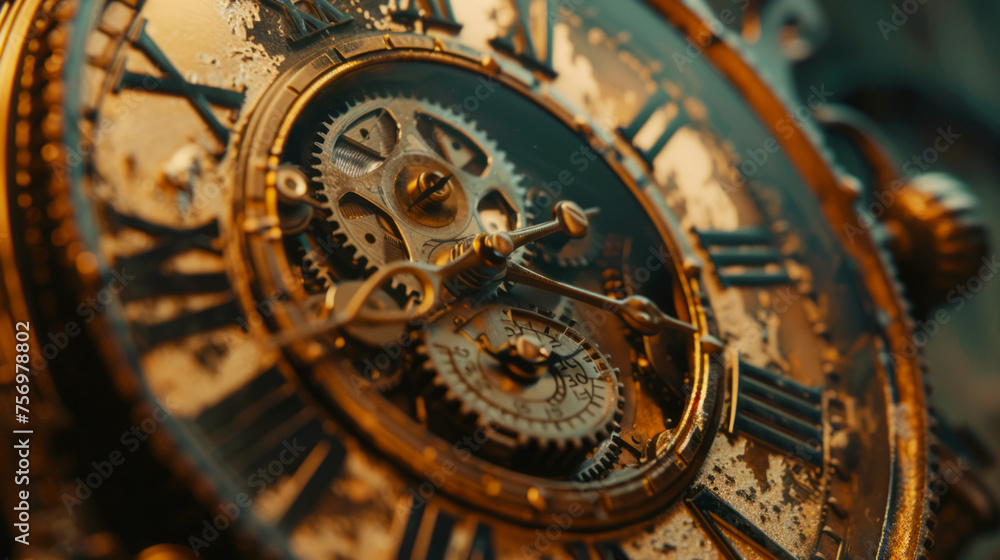 Vintage clock face with roman numerals, close-up background conveying time concept