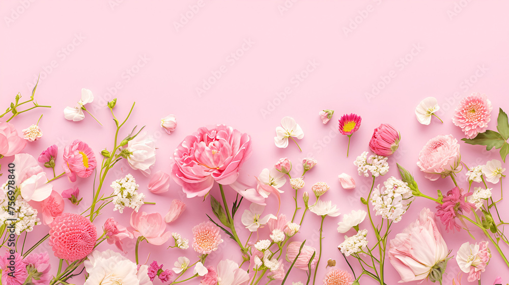 A pink background with flowers and leaves on it Generated Ai