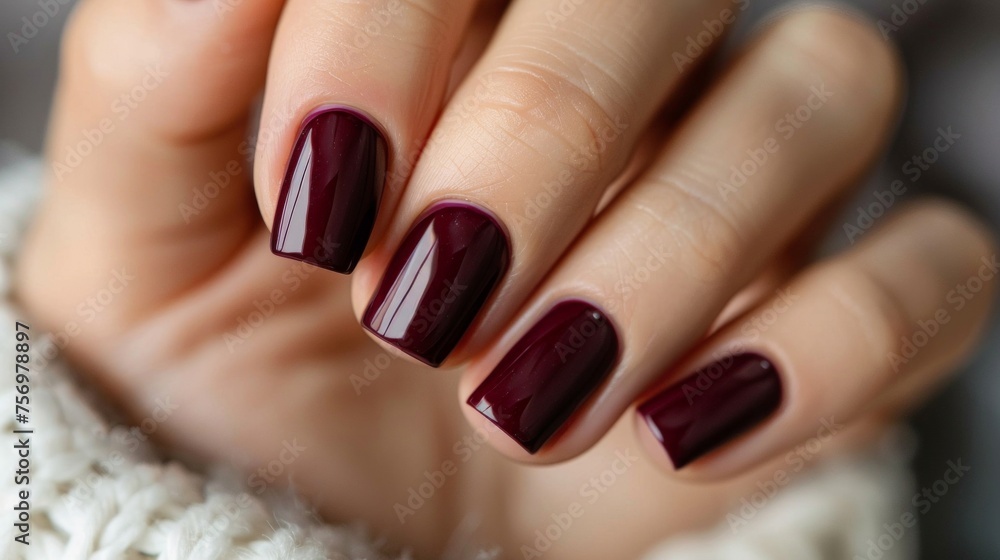 Close-up of perfectly manicured hands with glossy burgundy nail polish, symbolizing elegance. Close-up of perfectly manicured hands with glossy burgundy nail polish, symbolizing elegance.