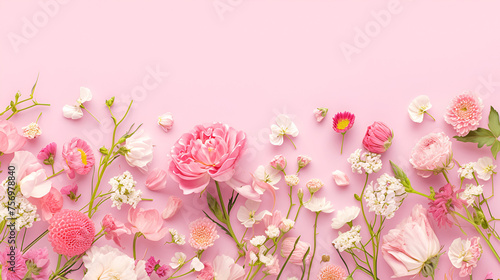 A pink background with flowers and leaves on it Generated Ai