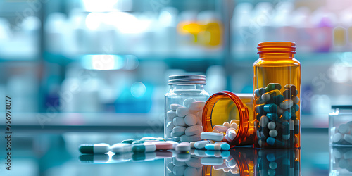 A pharmacy with medicines on the shelves on a blurred background. The concept of selling medicines, medical supplies, dietary supplements, medical equipment in close-up.