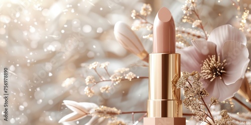 A luxurious nude lipstick showcased amidst sparkling golden flowers on a dreamy background. photo