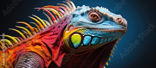 A close up of a jawdroppingly colorful lizard against an electric blue background. This organisms fangfilled smile resembles a work of art  perfect for macro photography or a visual arts event