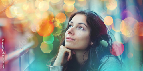 A contemplative young woman gazes away, surrounded by vibrant, colorful bokeh light effects.
