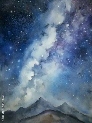 Starry Night Sky Over Mountain Peaks Watercolor Painting