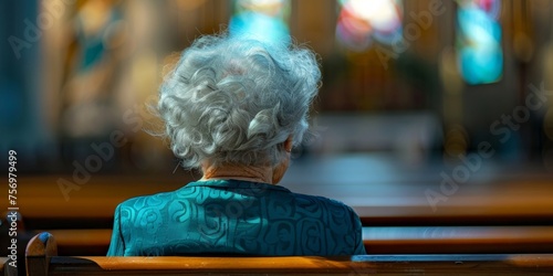 The back view of an elderly woman seated in church, contemplating in a serene environment.
