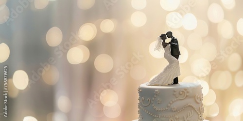 Silhouette of a bride and groom wedding cake topper with a warm golden bokeh backdrop. photo