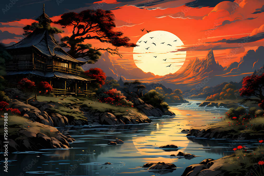 Illustration of a Peaceful Landscape of a House Beside a Quietly Flowing River at Sunset