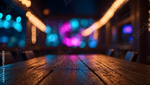 Wooden table, blurred bokeh background background.