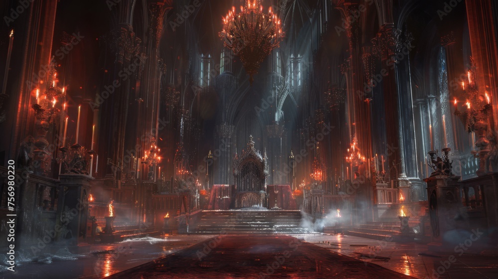 A gothic dark fantasy throne hall ablaze, sapphire glow on blackened spires; perfect for a dark fantasy game's epic scene.