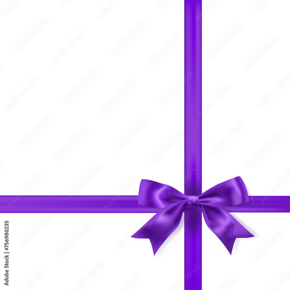 Violet ribbon bow knot as design element for holidays design, gift boxes, purple satin warping decor realistic vector illustration Violet ribbon bow knot as design element for holidays design, gift boxes, purple satin warping decor realistic vector illustration