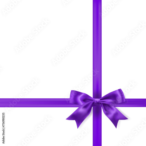 Violet ribbon bow knot as design element for holidays design, gift boxes, purple satin warping decor realistic vector illustration