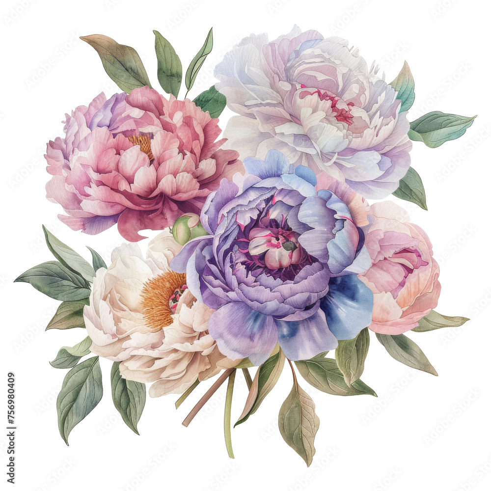 watercolor bouquet featuring classic peonies in various colors and transparent background