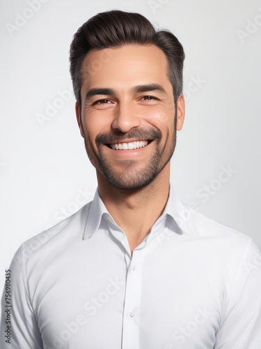 A handsome teacher with a beautiful smiling face stands on a white background