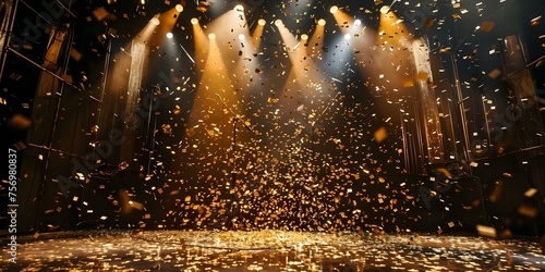 Vibrant golden confetti falls onto a stage under a bright spotlight. Concept Celebration, Gold Confetti, Stage, Spotlight, Vibrant Colors