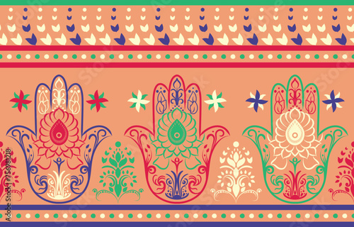 Ethnic Pattern. Ethnic India seamless pattern design oriental style. Hamsa hand India Motif.