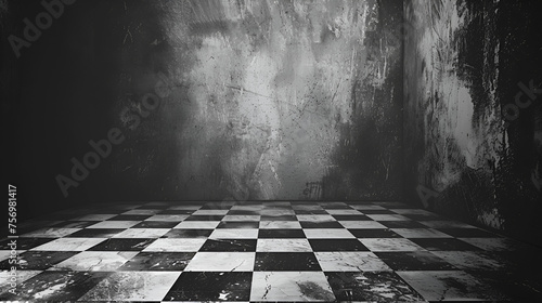 Black and White Checker Floor in Grunge Room - Vintage Interior Design with Classic Pattern, Retro Aesthetic for Background or Texture, Generative AI

 photo