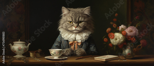 Cute cat in 18th century room. Oil painting photo
