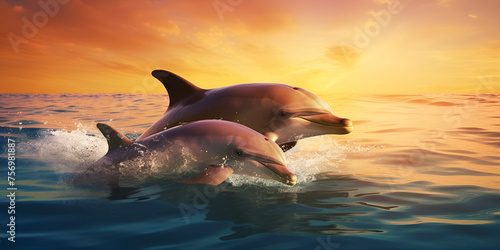 Dolphins jumping out of the water at sunset. 3d rendering, Dolphins jumping out of the ocean waves against blue sky background