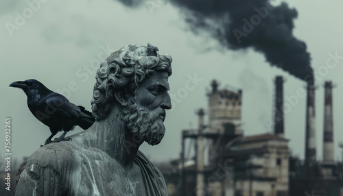 Sculpture of a Greek philosopher against the backdrop of factories with black smoke, pollution and ecology.