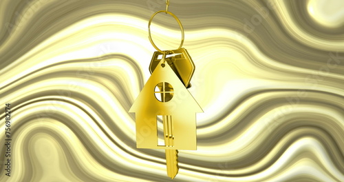 Image of golden key and house over moving golden background