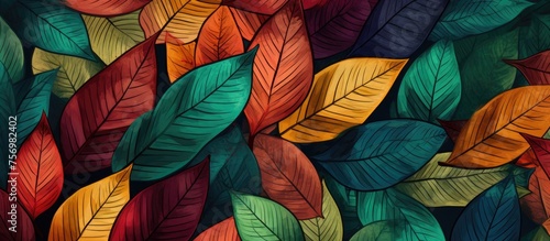 A plethora of colorful leaves on a dark background resembling a vibrant painting. Each petal represents a unique element of nature intertwined with human body art