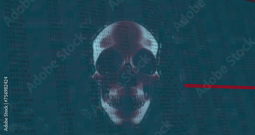 Image of interface with digital data moving rapidly over rotating human skull and red lines