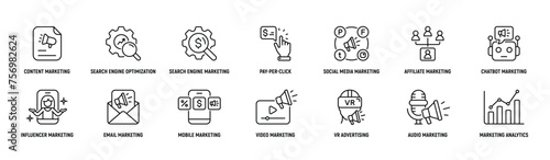 Digital Marketing Line Icon Set: DM, Affiliate, Chatbot, Influencer, Email, VR, Video. Strategy, Editable Stroke.